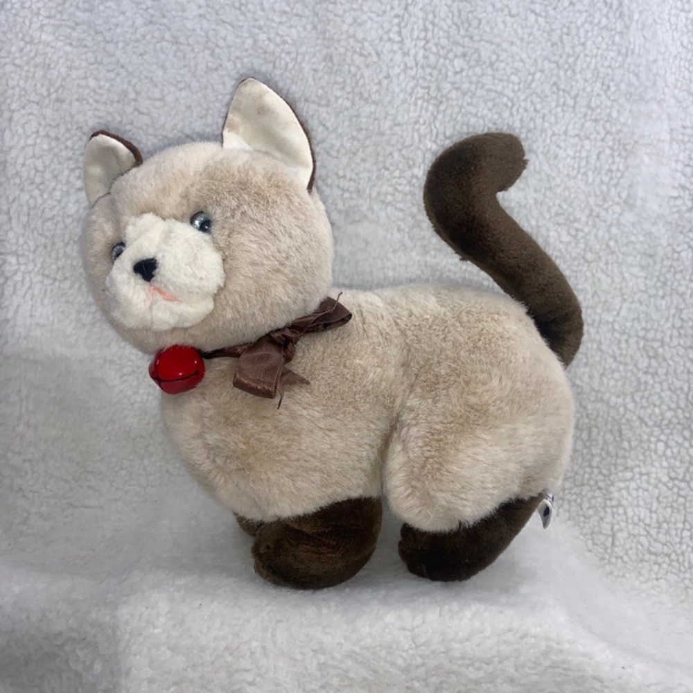 Playful Pals Siamese Cat plush Brown tan 12" satin bow red bell Mervyn's